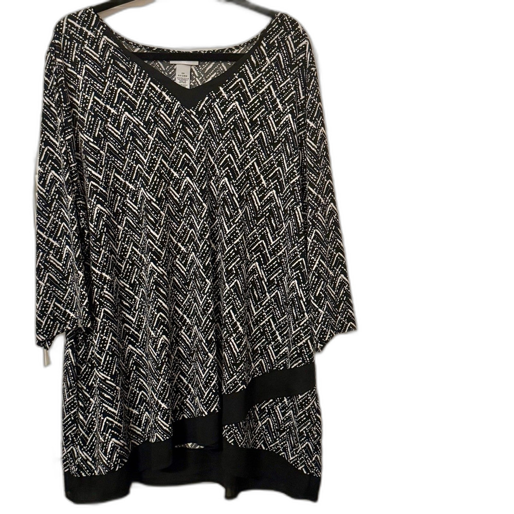 Catherines Geometric Black & White Tunic Top Chiffon Hem 3/4 Sleeve Office